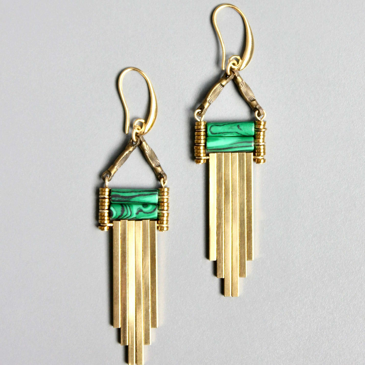 [David Aubrey Jewelry - NDNE25 Malachite and brass artdeco earrings], [Earrings], [David Aubrey Jewelry], [Plum Bottom].