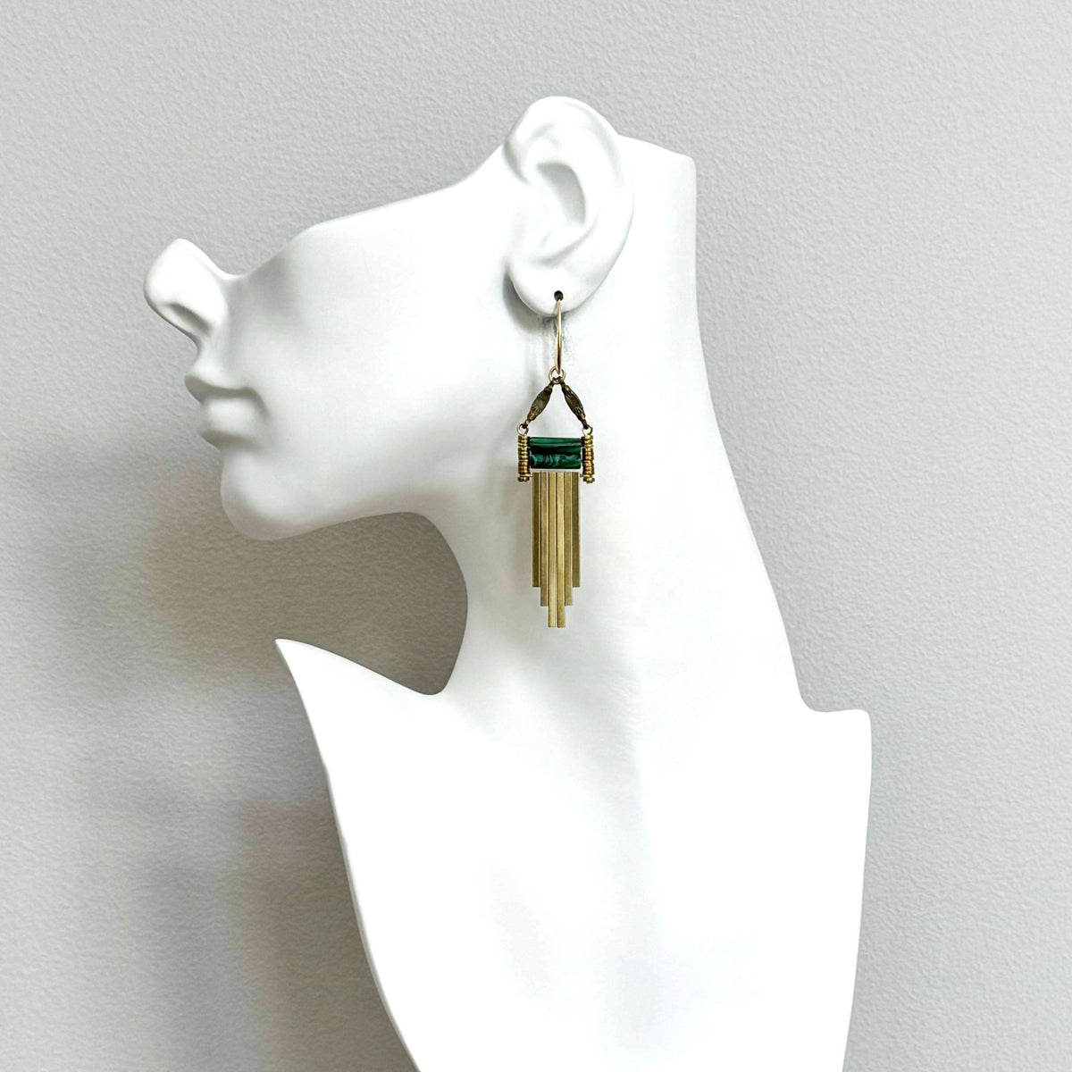 [David Aubrey Jewelry - NDNE25 Malachite and brass artdeco earrings], [Earrings], [David Aubrey Jewelry], [Plum Bottom].