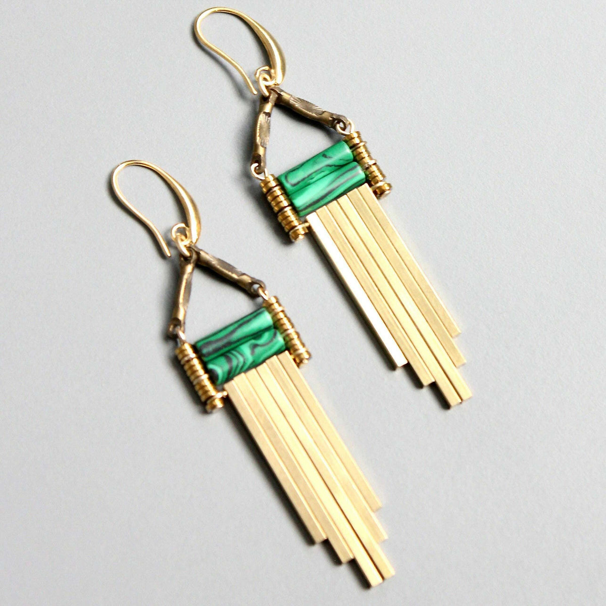 [David Aubrey Jewelry - NDNE25 Malachite and brass artdeco earrings], [Earrings], [David Aubrey Jewelry], [Plum Bottom].