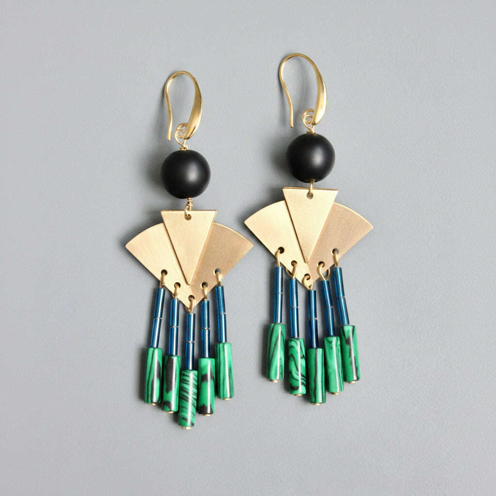 [David Aubrey Jewelry - NDNE26 Artdeco iris blue and malachite earrings], [Earrings], [David Aubrey Jewelry], [Plum Bottom].