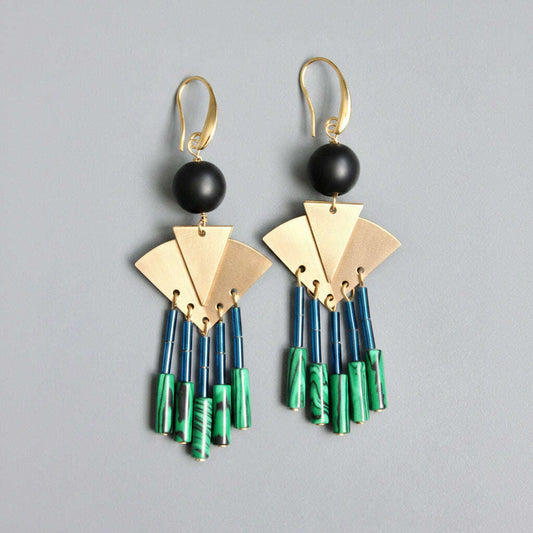 [David Aubrey Jewelry - NDNE26 Artdeco iris blue and malachite earrings], [Earrings], [David Aubrey Jewelry], [Plum Bottom].