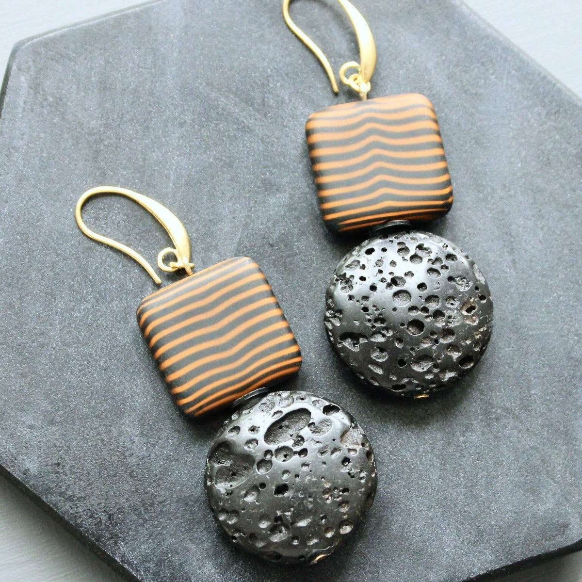 [David Aubrey Jewelry - LEXE32 Striped glass and lava earrings], [Earrings], [David Aubrey Jewelry], [Plum Bottom].