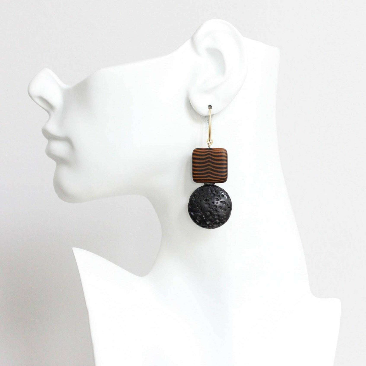 [David Aubrey Jewelry - LEXE32 Striped glass and lava earrings], [Earrings], [David Aubrey Jewelry], [Plum Bottom].