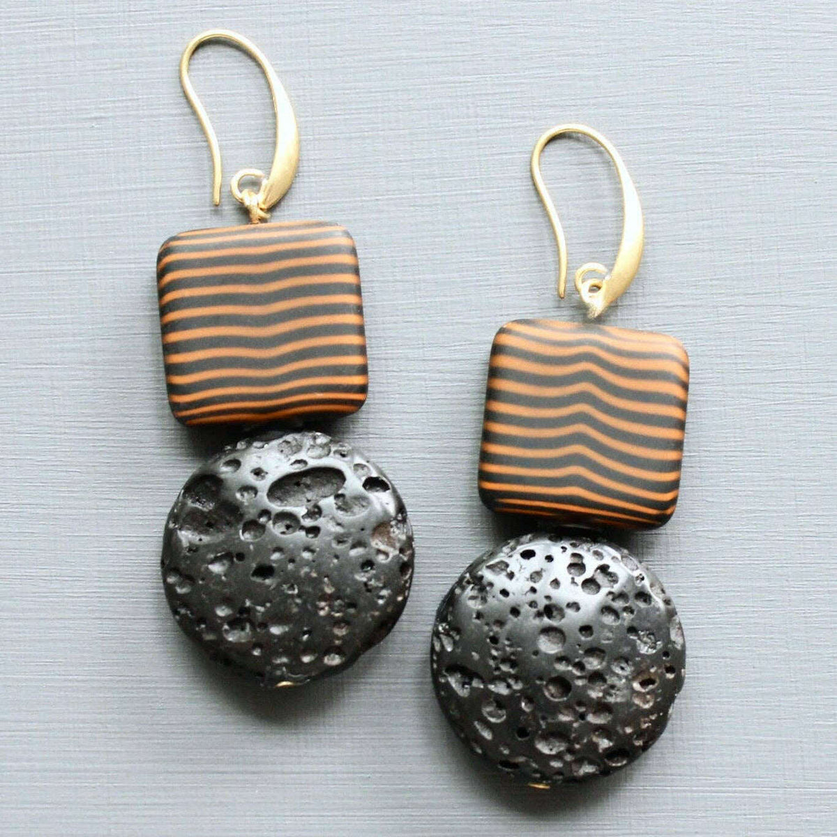 [David Aubrey Jewelry - LEXE32 Striped glass and lava earrings], [Earrings], [David Aubrey Jewelry], [Plum Bottom].