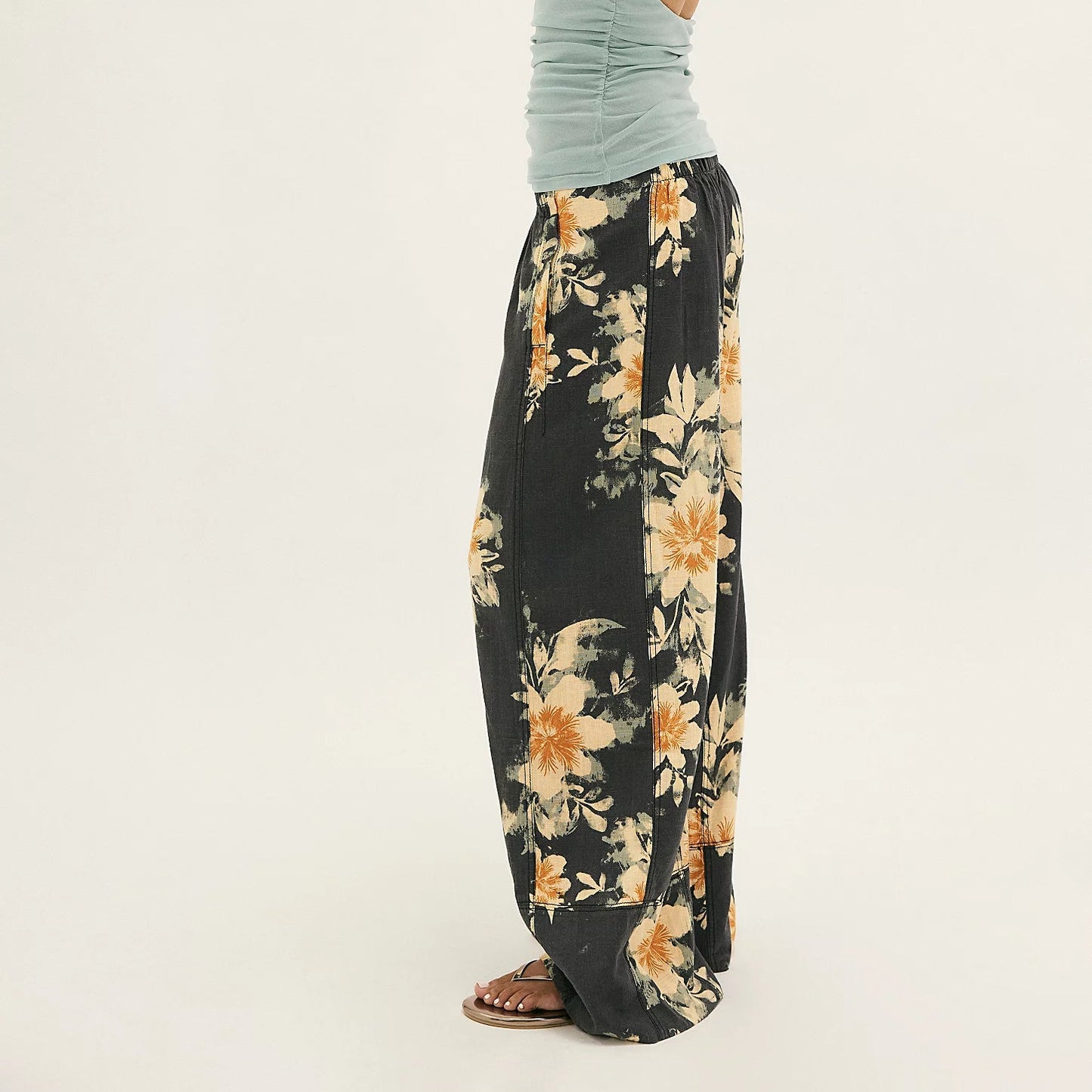 FREE PEOPLE - Day's End Linen Printed Pull-On Pant - Washed Black Combo Floral
