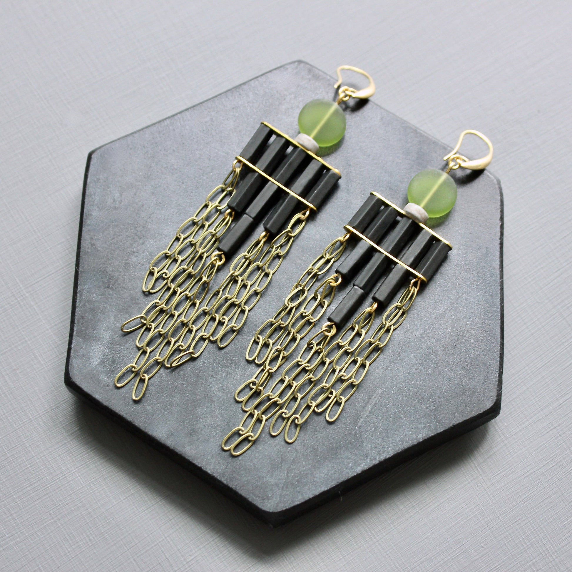 [David Aubrey Jewelry - JLTE72 olivine and black shoulder duster earrings], [Earrings], [David Aubrey Jewelry], [Plum Bottom].
