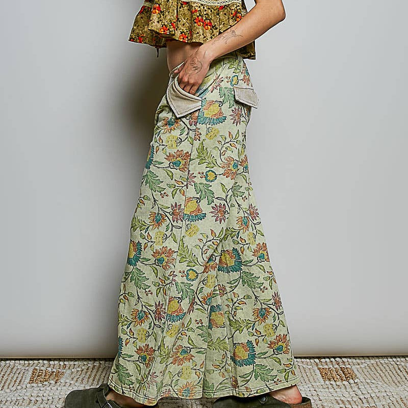 [Pol Clothing - Printed French Terry Lounge Adjustable Drawstring Pants: SAGE FLORAL / L], [Pants], [Pol Clothing], [Plum Bottom].