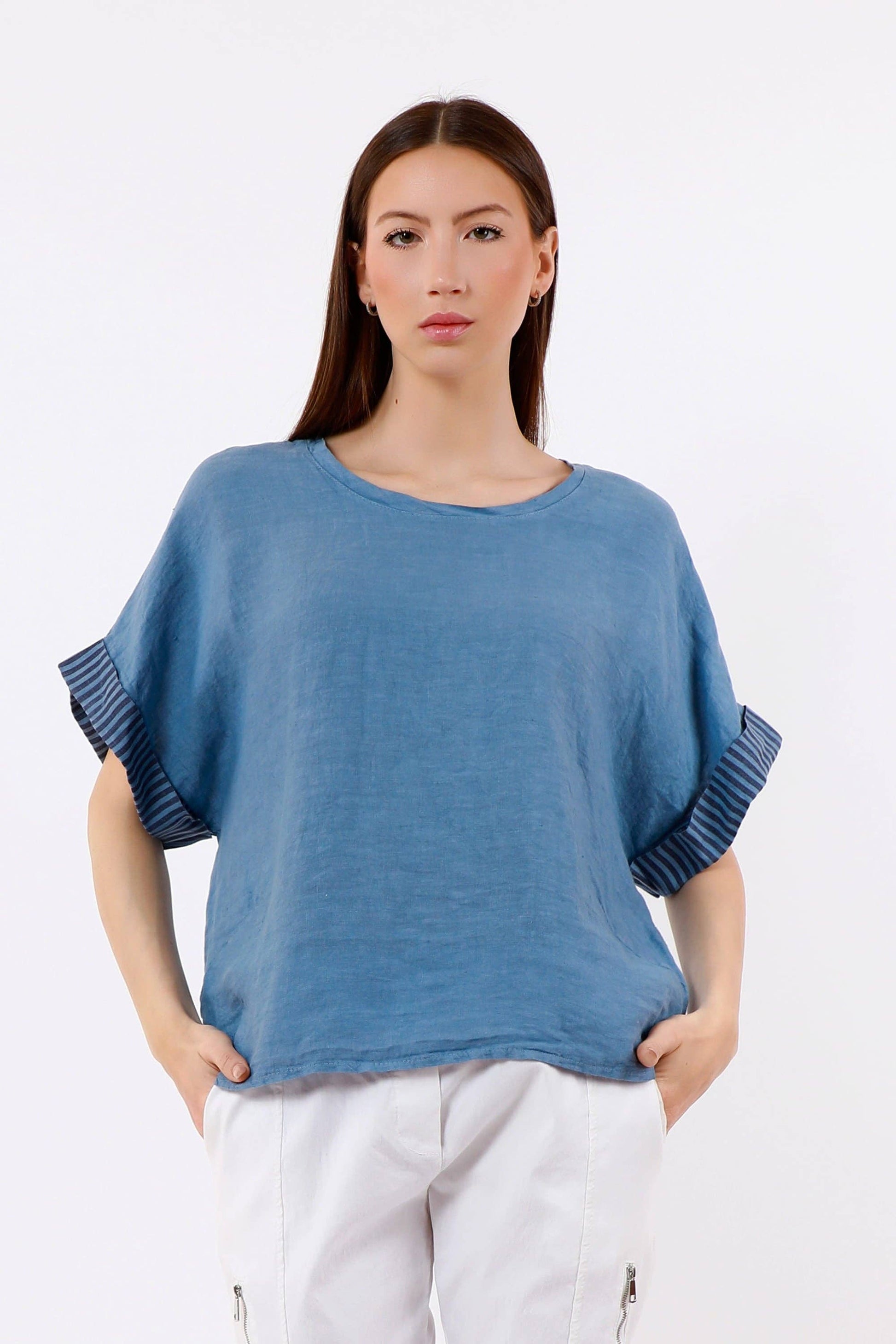 [TINA Stephens Italy/Tees By Tina - Brie Stripe Trim Short Sleeve Linen Top (BSS936PR): 286 Cashmere / One Size], [Tops], [TINA Stephens Italy/Tees By Tina], [Plum Bottom].
