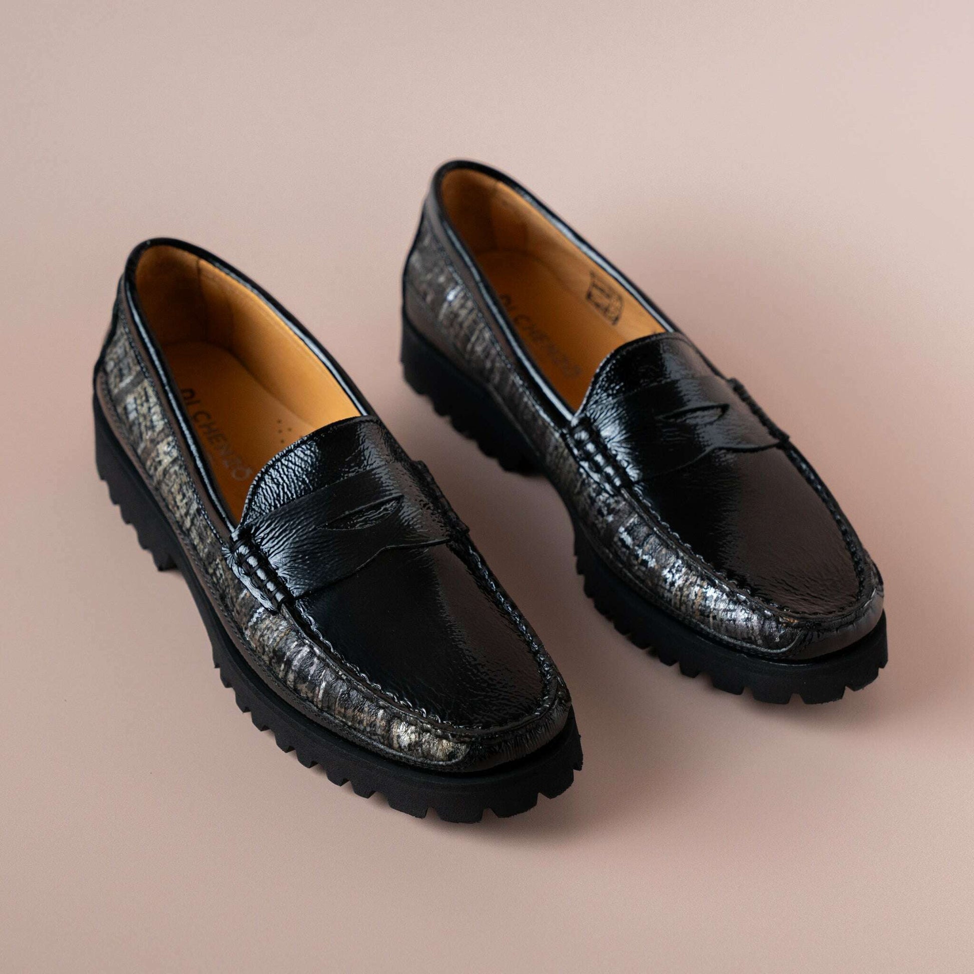 Di Chenzo - 8451 Black Patent Loafer with Black Combo Print, Loafers, DICHENZO, Plum Bottom