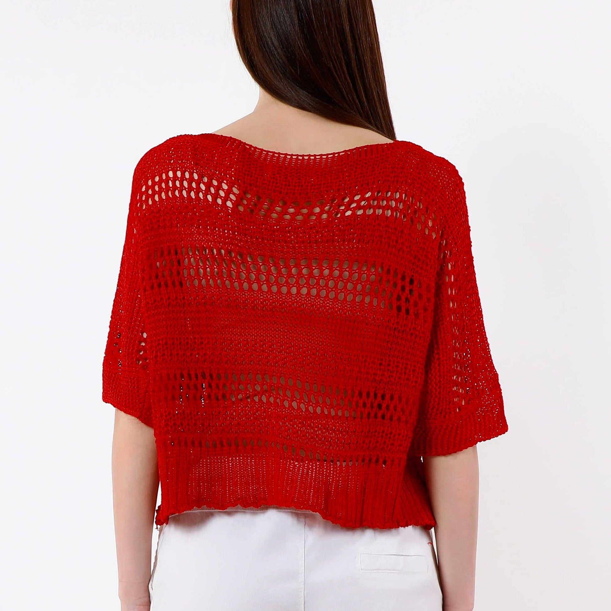 [TINA Stephens Italy/Tees By Tina - Divya Short Sleeve Cropped Open Knit Topper (BQ916): 600 Red / One Size], [Tops], [TINA Stephens Italy/Tees By Tina], [Plum Bottom].