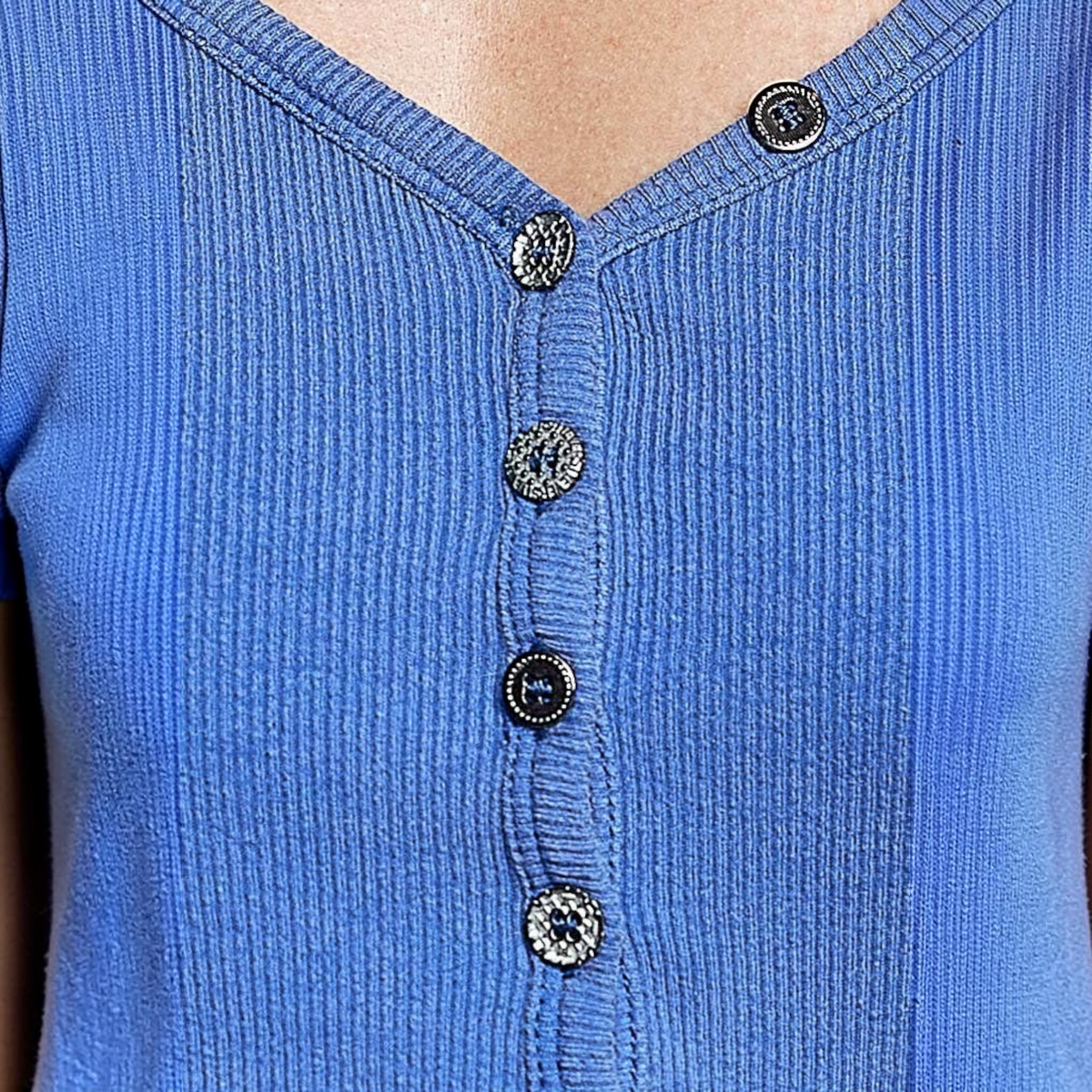 [Pol Clothing - Long Sleeve Novelty Button Wide V Neck Solid Knit Top: ROYAL BLUE / L], [CLOTHING], [Pol Clothing], [Plum Bottom].