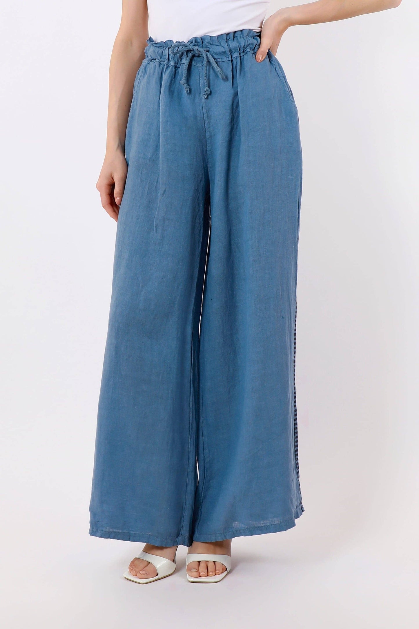 [TINA Stephens Italy/Tees By Tina - Harlowe Stripe Trim Linen Pant (PL928PR): 427 Jeans / One Size], [Pants], [TINA Stephens Italy/Tees By Tina], [Plum Bottom].