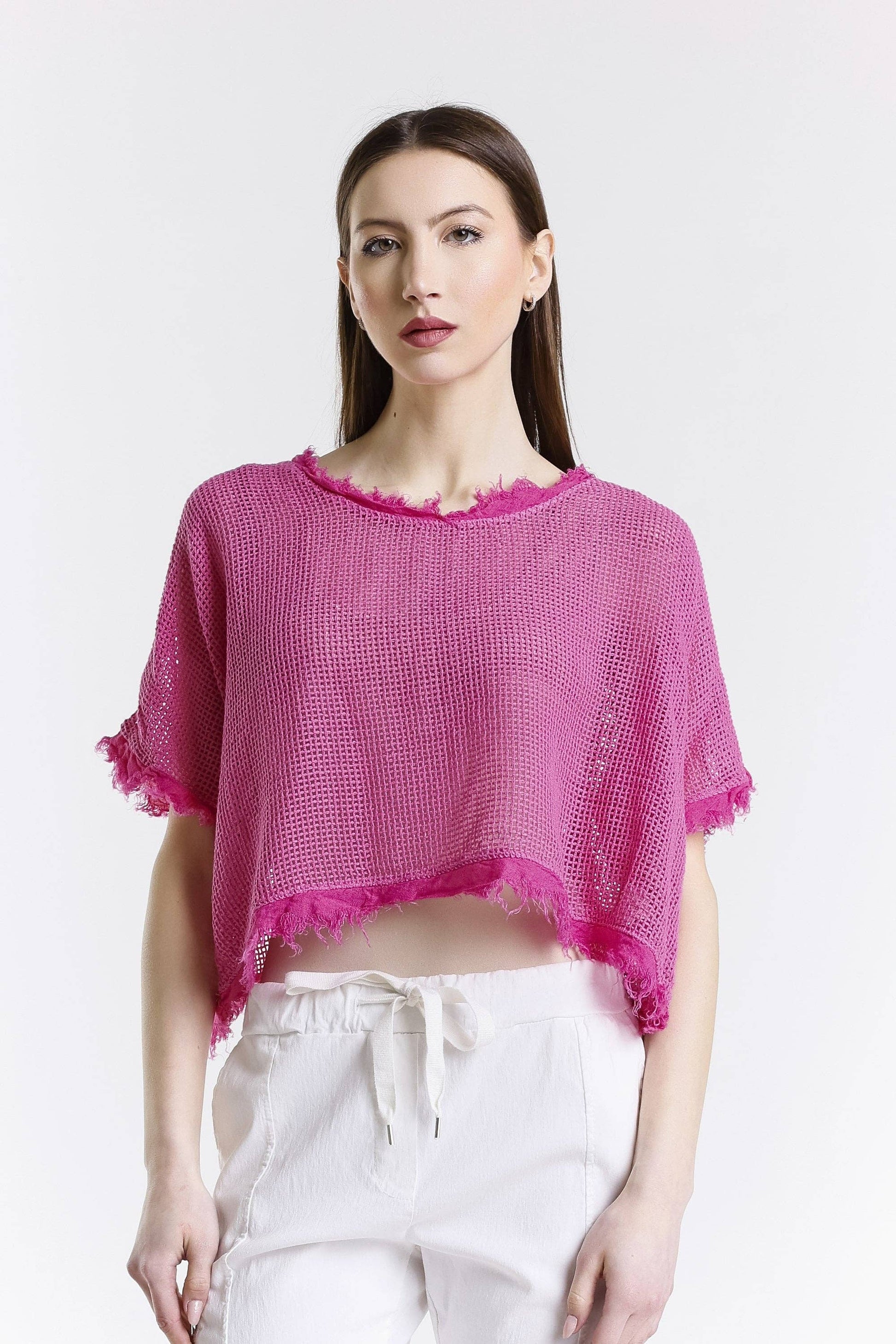 [TINA Stephens Italy/Tees By Tina - Yvonne Short Sleeve Linen Fringe Top (BSS905): 672 Fuchsia / One Size], [CLOTHING], [TINA Stephens Italy/Tees By Tina], [Plum Bottom].