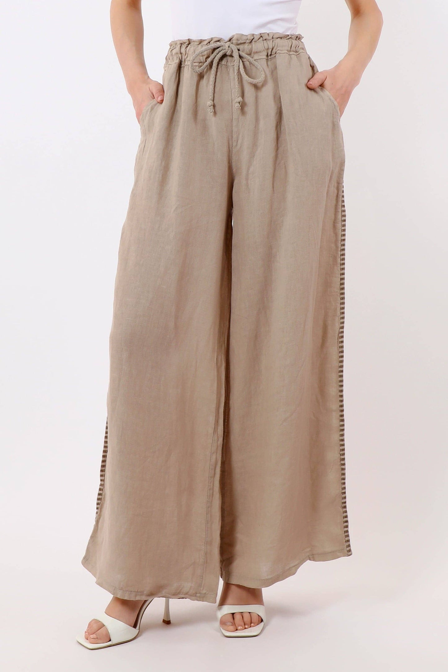 [TINA Stephens Italy/Tees By Tina - Harlowe Stripe Trim Linen Pant (PL928PR): 286 Cashmere / One Size], [Pants], [TINA Stephens Italy/Tees By Tina], [Plum Bottom].