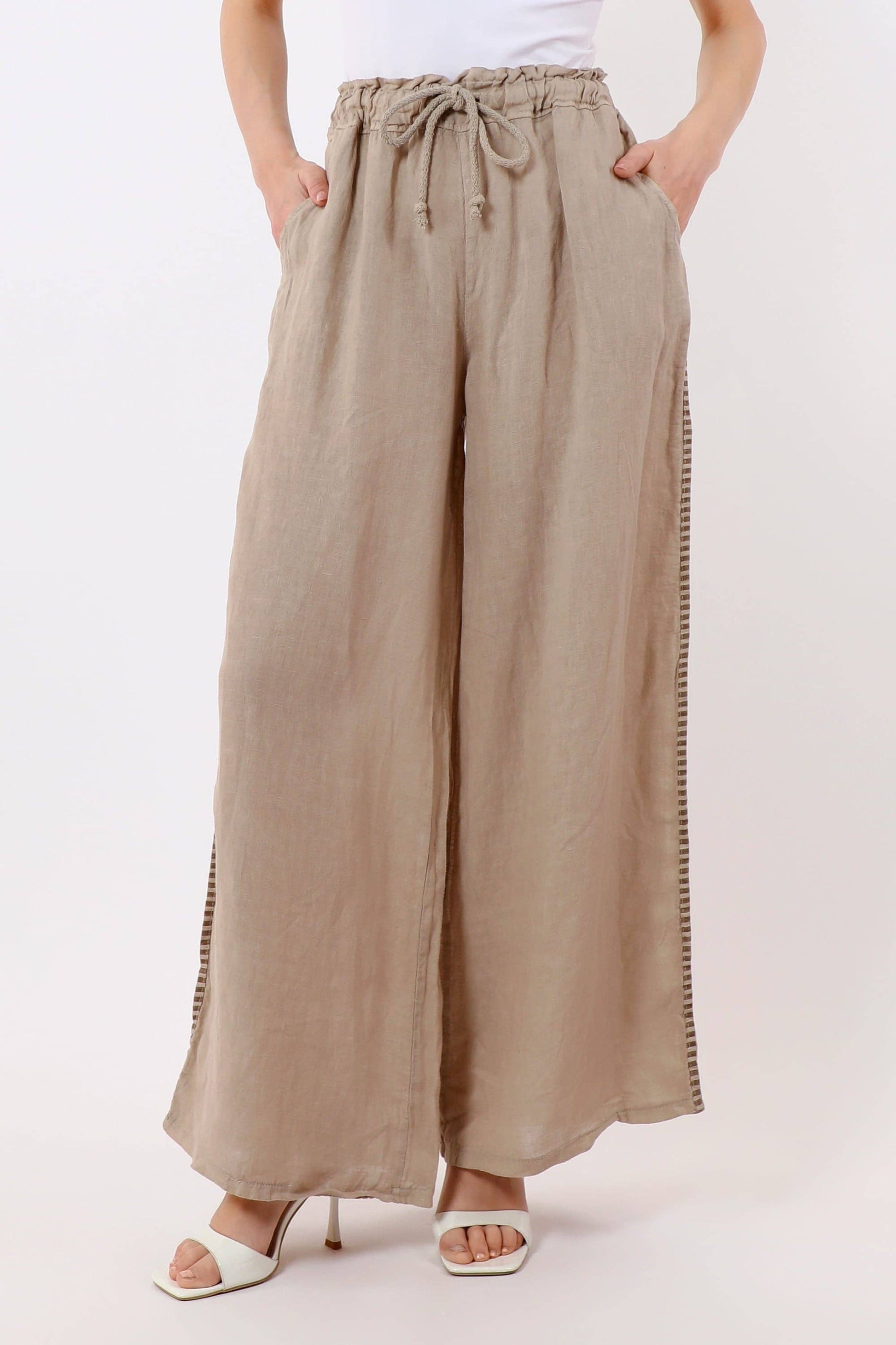 [TINA Stephens Italy/Tees By Tina - Harlowe Stripe Trim Linen Pant (PL928PR): 286 Cashmere / One Size], [Pants], [TINA Stephens Italy/Tees By Tina], [Plum Bottom].