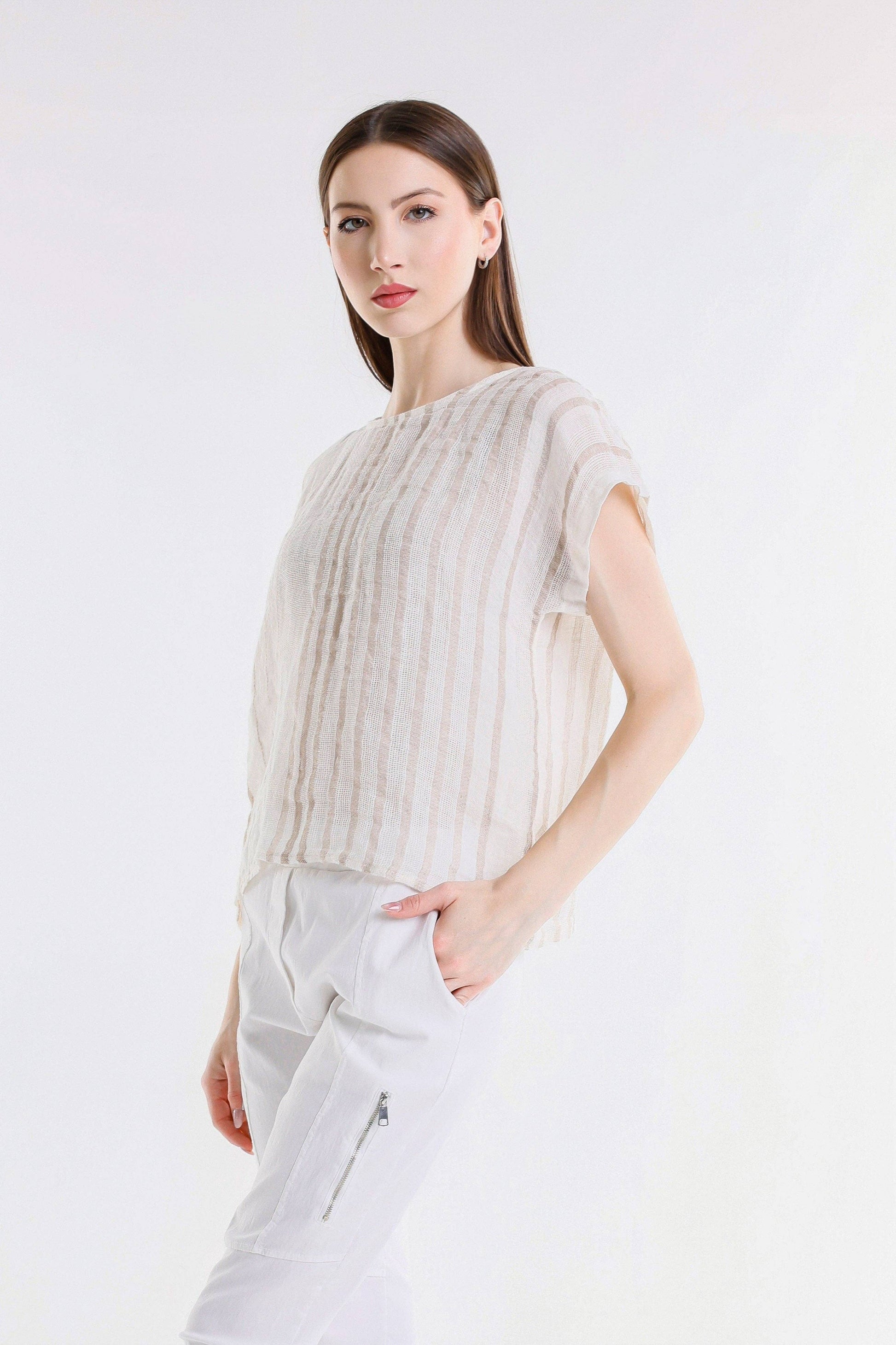 [TINA Stephens Italy/Tees By Tina - Heidi Short Sleeve Specialty Linen Striped Top (BSS914): 109B Natural w/ Beige / One Size], [CLOTHING], [TINA Stephens Italy/Tees By Tina], [Plum Bottom].