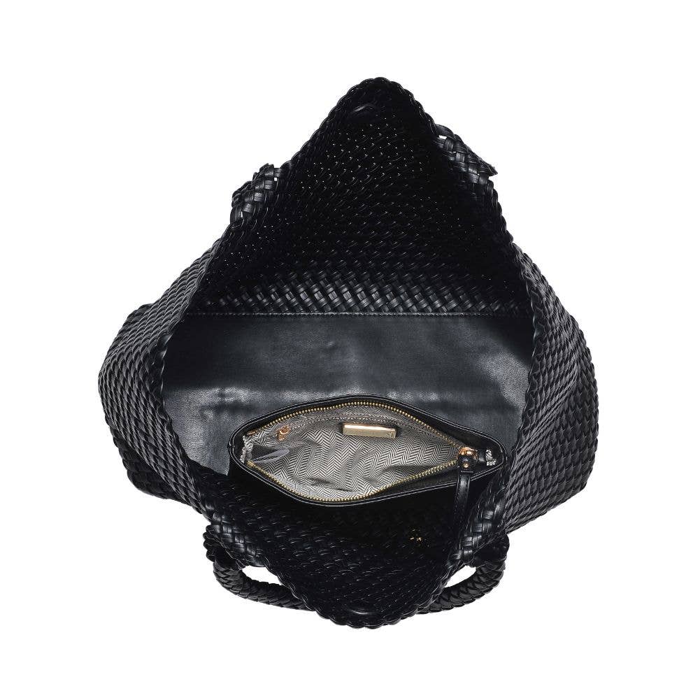 [Moda Luxe - Solana Woven Vegan Leather Tote: Black], [Handbag], [Moda Luxe], [Plum Bottom].