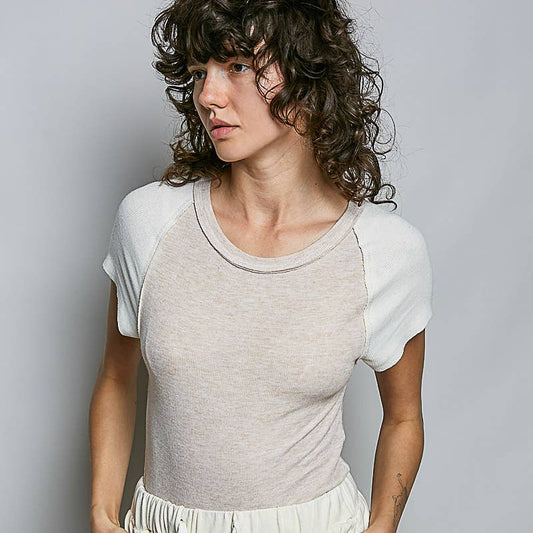 POL CLOTHING Raglan Sleeve Contrast Solid Fitted Rib Top Almond/Cream, CLOTHING, Pol Clothing, Plum Bottom