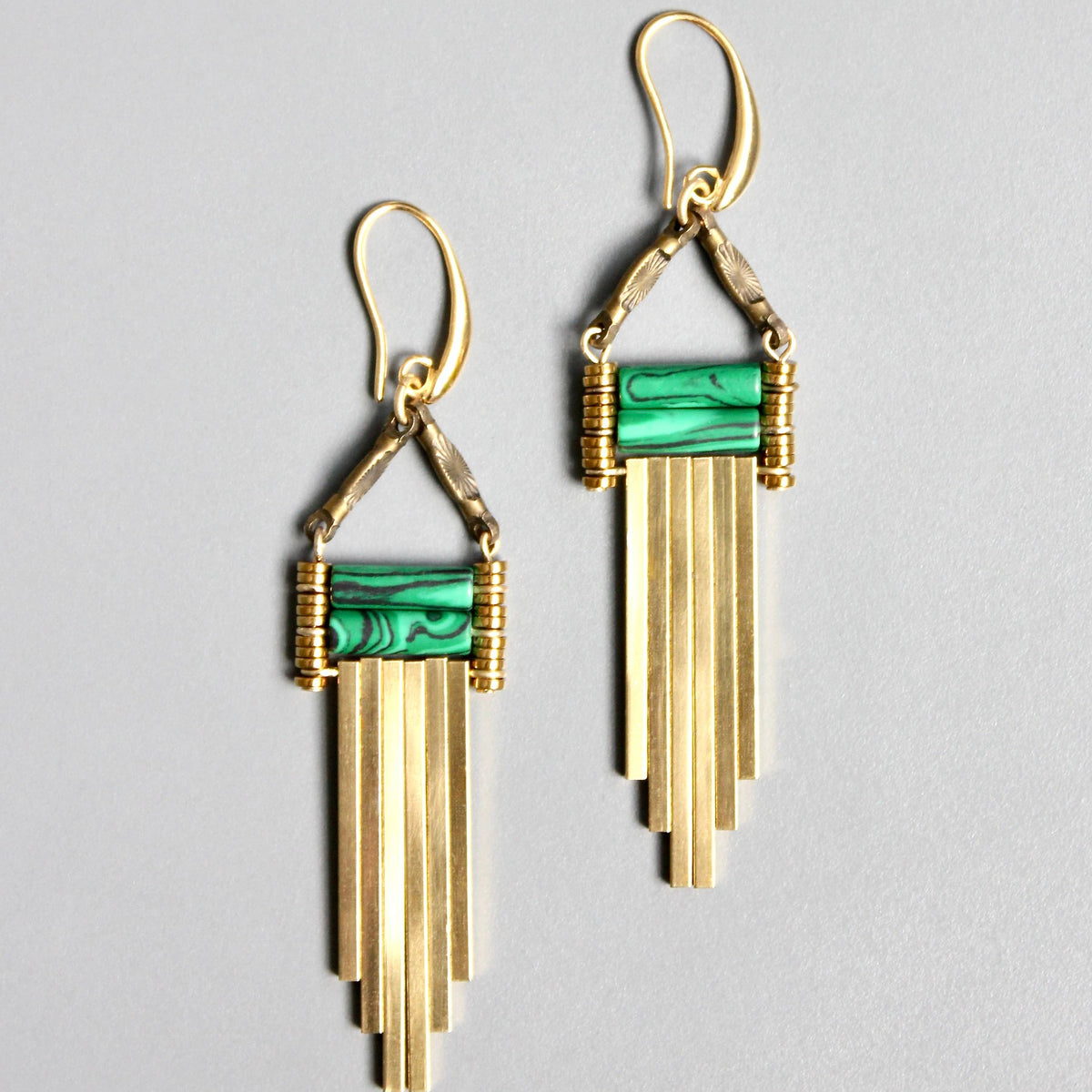 [David Aubrey Jewelry - NDNE25 Malachite and brass artdeco earrings], [Earrings], [David Aubrey Jewelry], [Plum Bottom].
