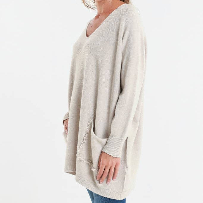 [TINA Stephens Italy/Tees By Tina - Shannon LS Oversize Fringe Pocket Sweater (BLS433): 250 Beige / One Size], [Sweater], [TINA Stephens Italy/Tees By Tina], [Plum Bottom].