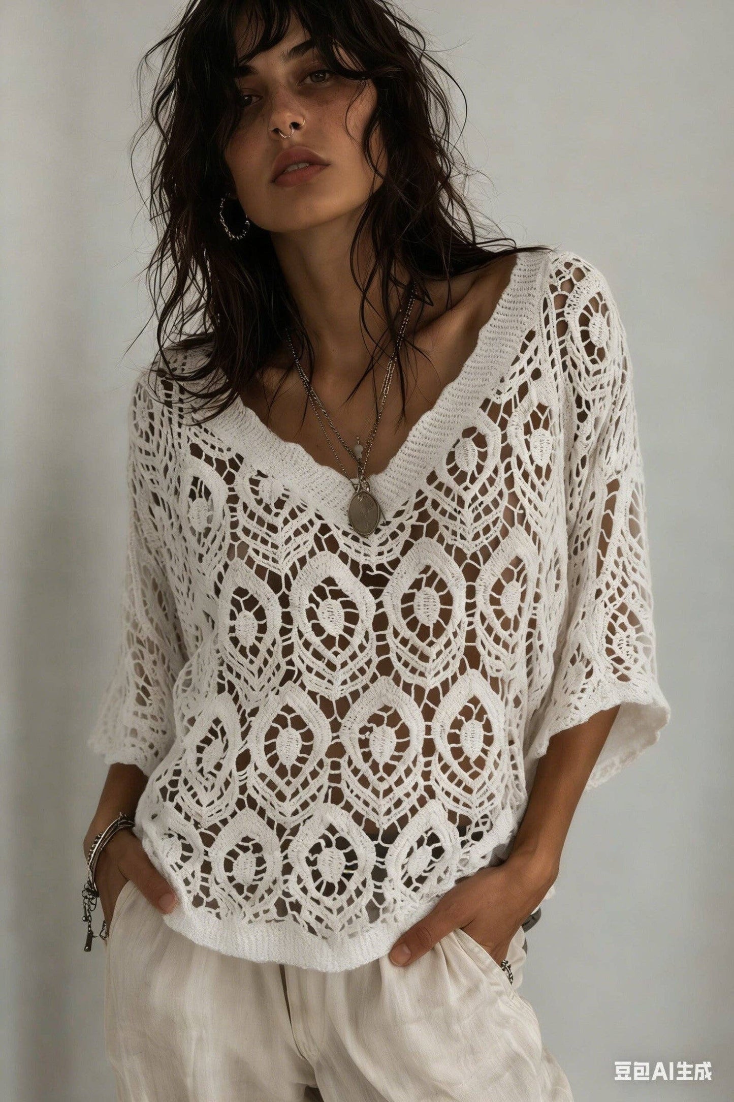[LOOWIE - LUGVS Geo V-Neck Crochet Sweater Cotton One Size S/M: Ecru], [Sweater], [LOOWIE], [Plum Bottom].