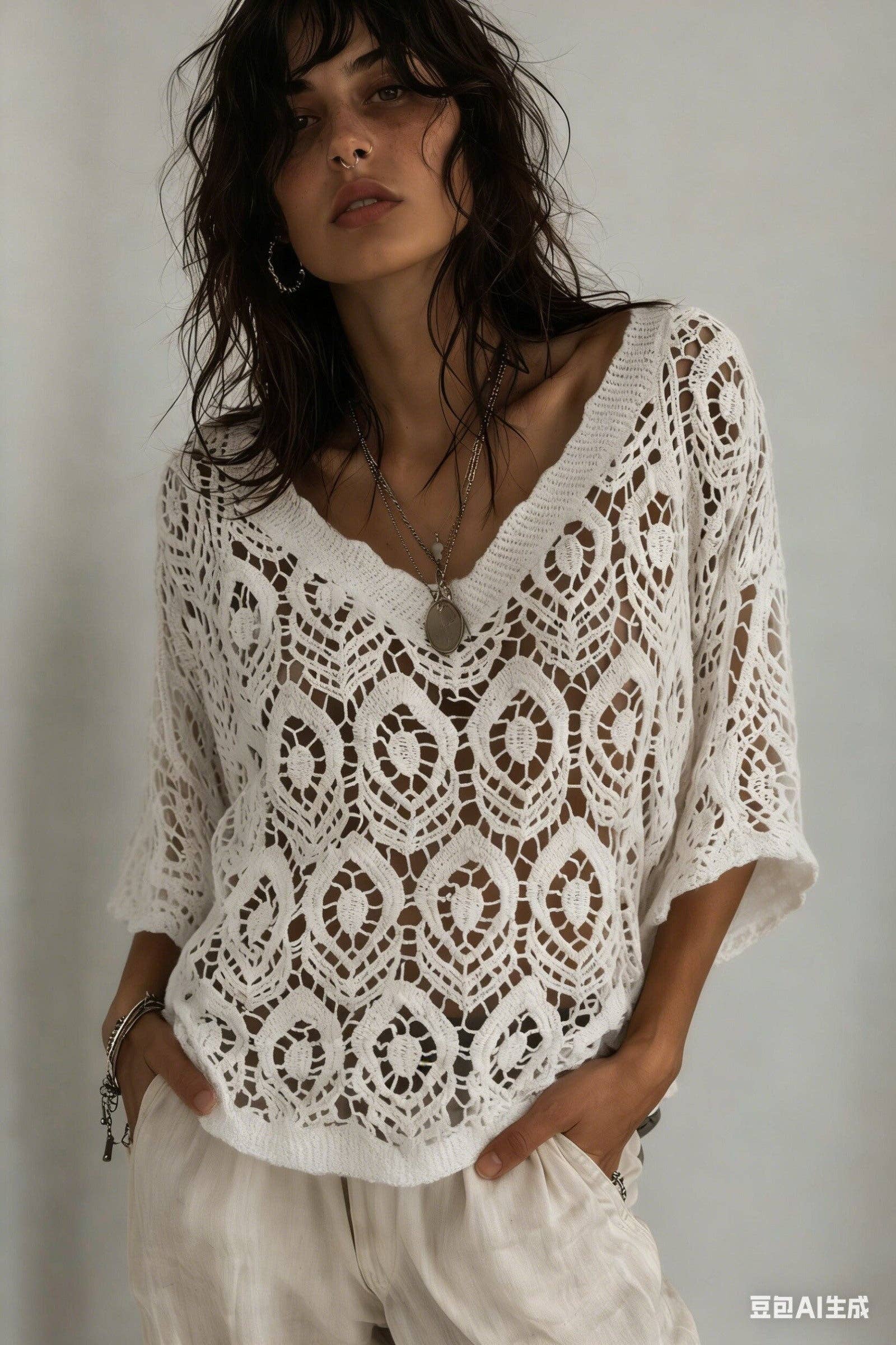 [LOOWIE - LUGVS Geo V-Neck Crochet Sweater Cotton One Size S/M: Ecru], [Sweater], [LOOWIE], [Plum Bottom].