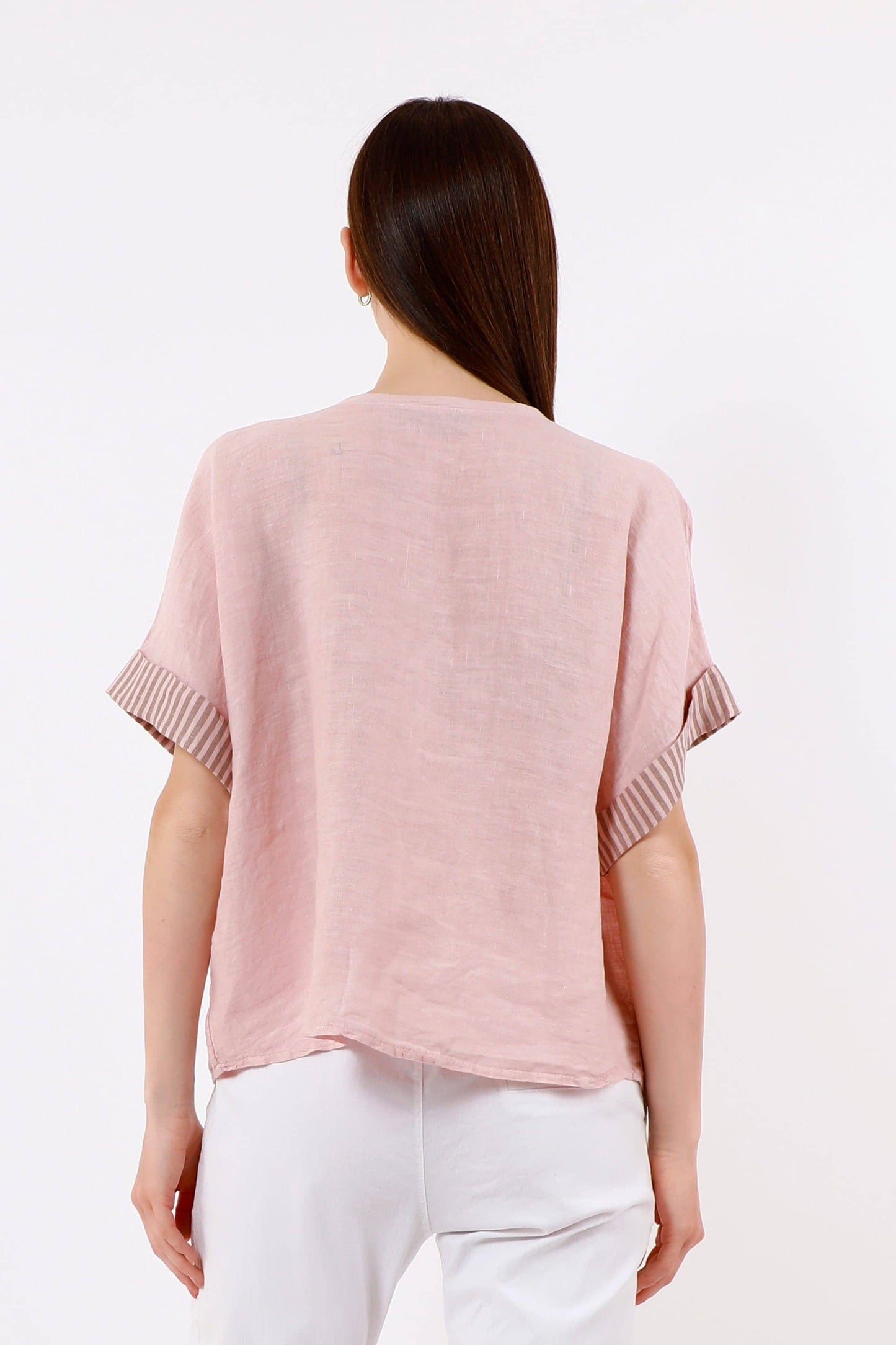 [TINA Stephens Italy/Tees By Tina - Brie Stripe Trim Short Sleeve Linen Top (BSS936PR): 286 Cashmere / One Size], [Tops], [TINA Stephens Italy/Tees By Tina], [Plum Bottom].
