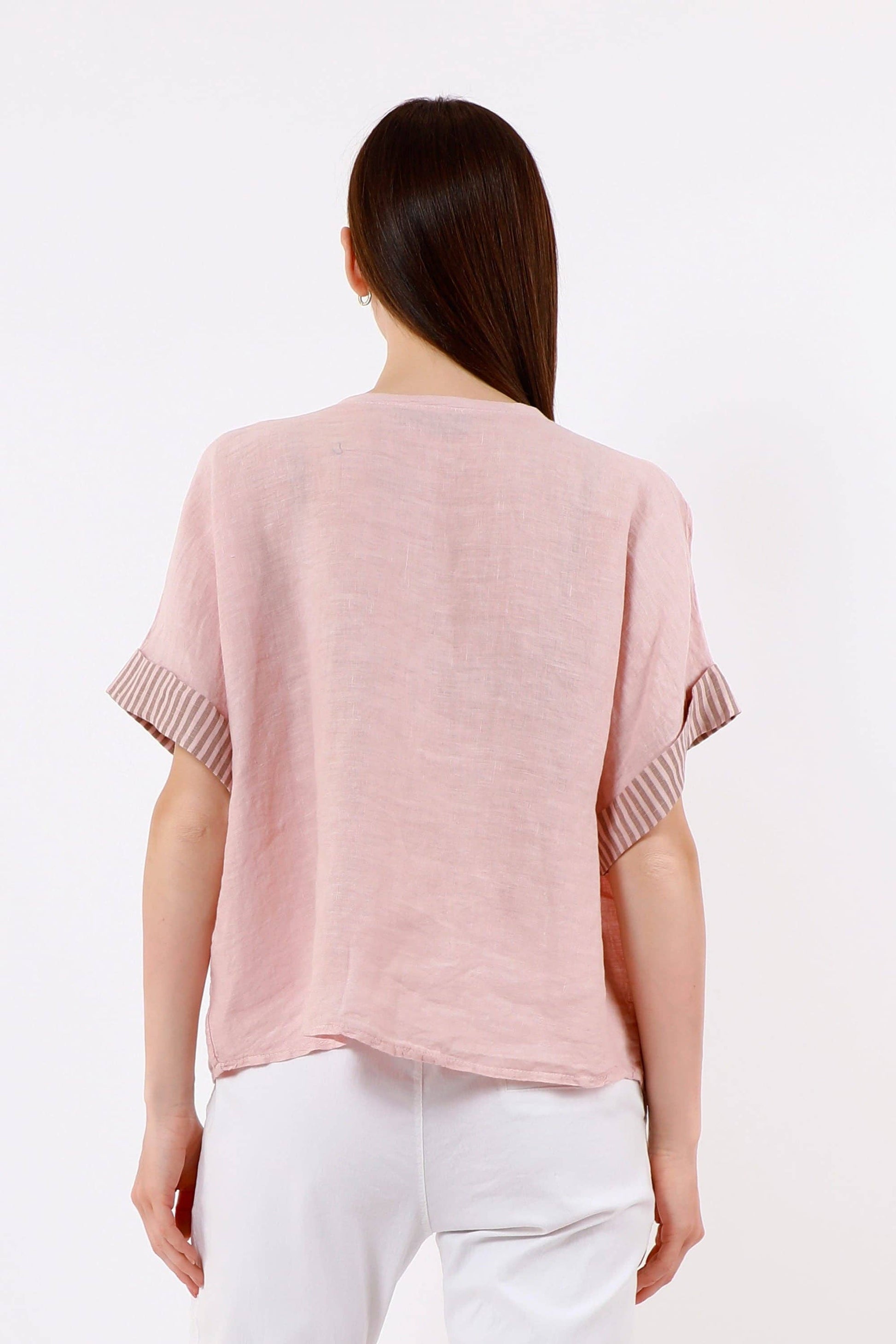 [TINA Stephens Italy/Tees By Tina - Brie Stripe Trim Short Sleeve Linen Top (BSS936PR): 286 Cashmere / One Size], [Tops], [TINA Stephens Italy/Tees By Tina], [Plum Bottom].