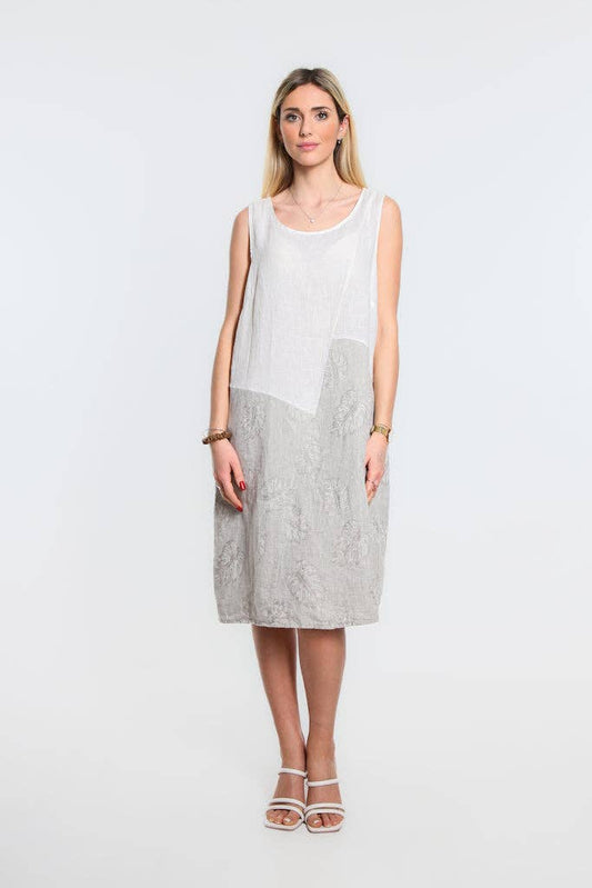 [TINA Stephens Italy/Tees By Tina - Donna Leaf Jacquard Insert Linen Dress (DT123J): 109 Natural], [CLOTHING], [TINA Stephens Italy/Tees By Tina], [Plum Bottom].