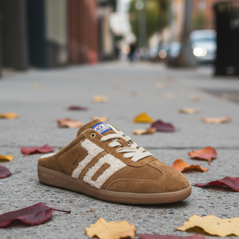 Brown slide sneaker sitting on a sidewalk with leaves.