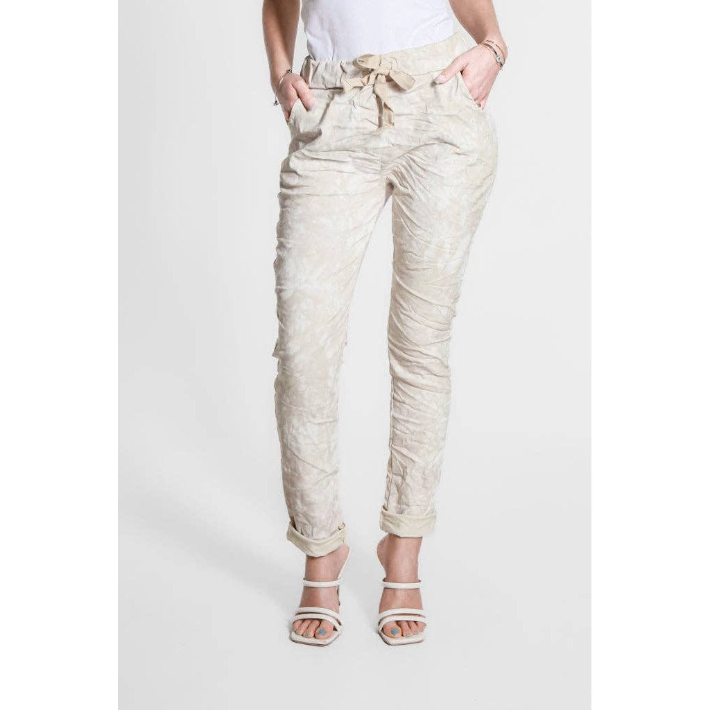 [TINA Stephens Italy/Tees By Tina - Collins Tonal Splotch Stretch Tie Waist Pant (PL160T): 250 Beige], [CLOTHING], [TINA Stephens Italy/Tees By Tina], [Plum Bottom].