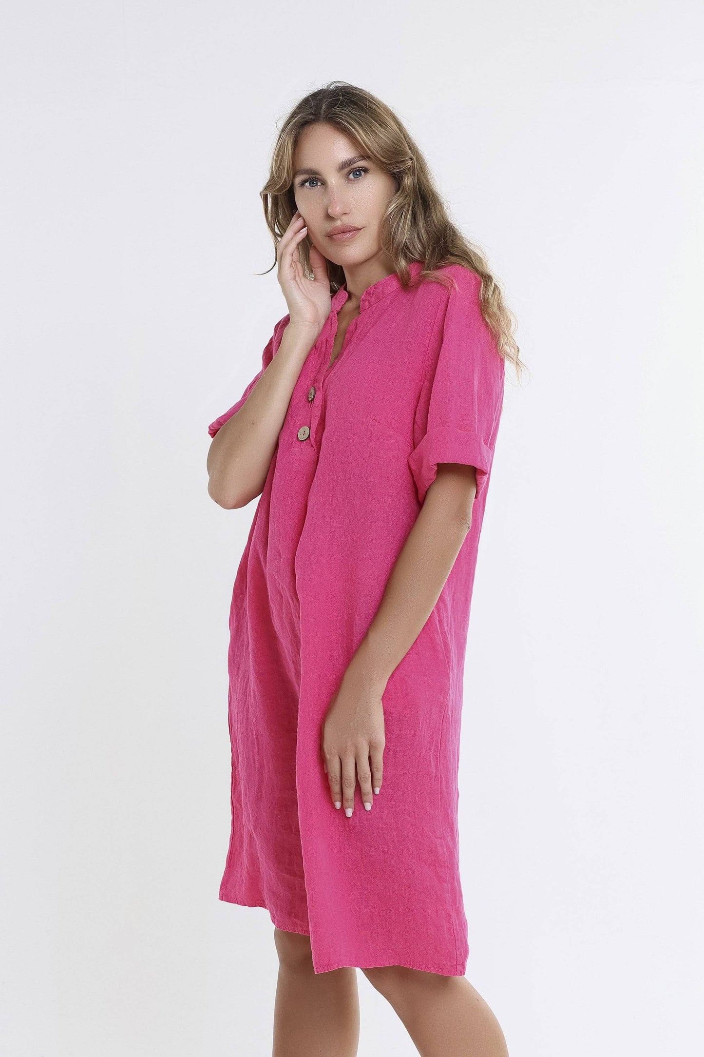 [TINA Stephens Italy/Tees By Tina - Lizzie Short Sleeve Linen Placket Dress (DSS140): 672 Fuchsia / One Size], [CLOTHING], [TINA Stephens Italy/Tees By Tina], [Plum Bottom].