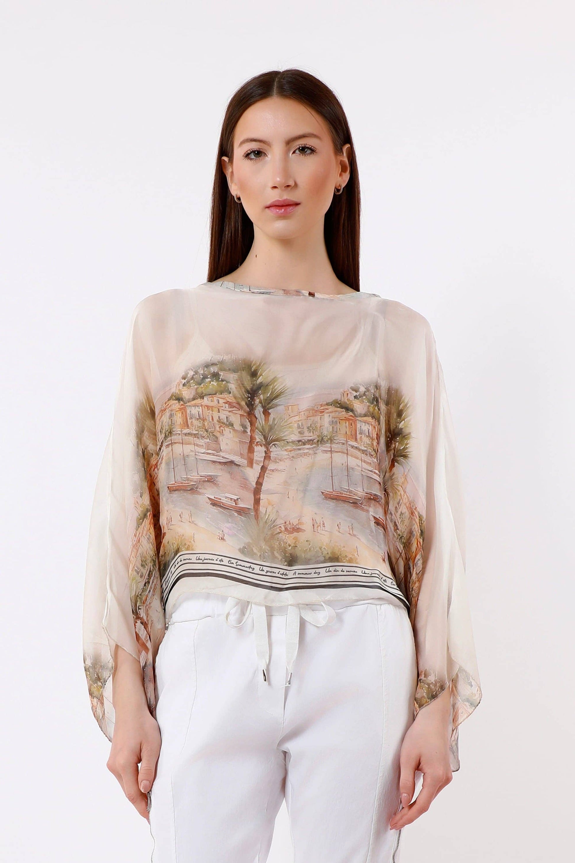 [TINA Stephens Italy/Tees By Tina - Sofita Positano Cropped Silk Kaftan (BQ200P): 250 Beige / One Size], [CLOTHING], [TINA Stephens Italy/Tees By Tina], [Plum Bottom].