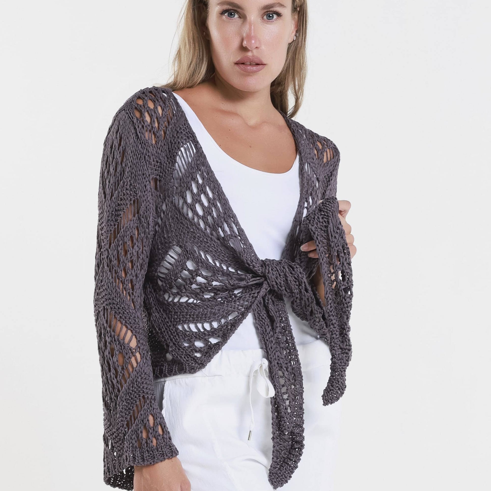 [TINA Stephens Italy/Tees By Tina - Kandra Open Knit Tie Front Bolero (CLS303): 503 Eggplant], [], [TINA Stephens Italy/Tees By Tina], [Plum Bottom].