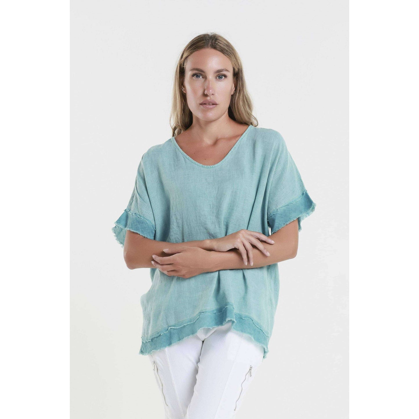 TINA Stephens Italy/Tees By Tina - Lucy V-Neck Ruffle Edge Top (BSS910): 328 Teal Enzyme / One Size, CLOTHING, TINA Stephens Italy/Tees By Tina, Plum Bottom