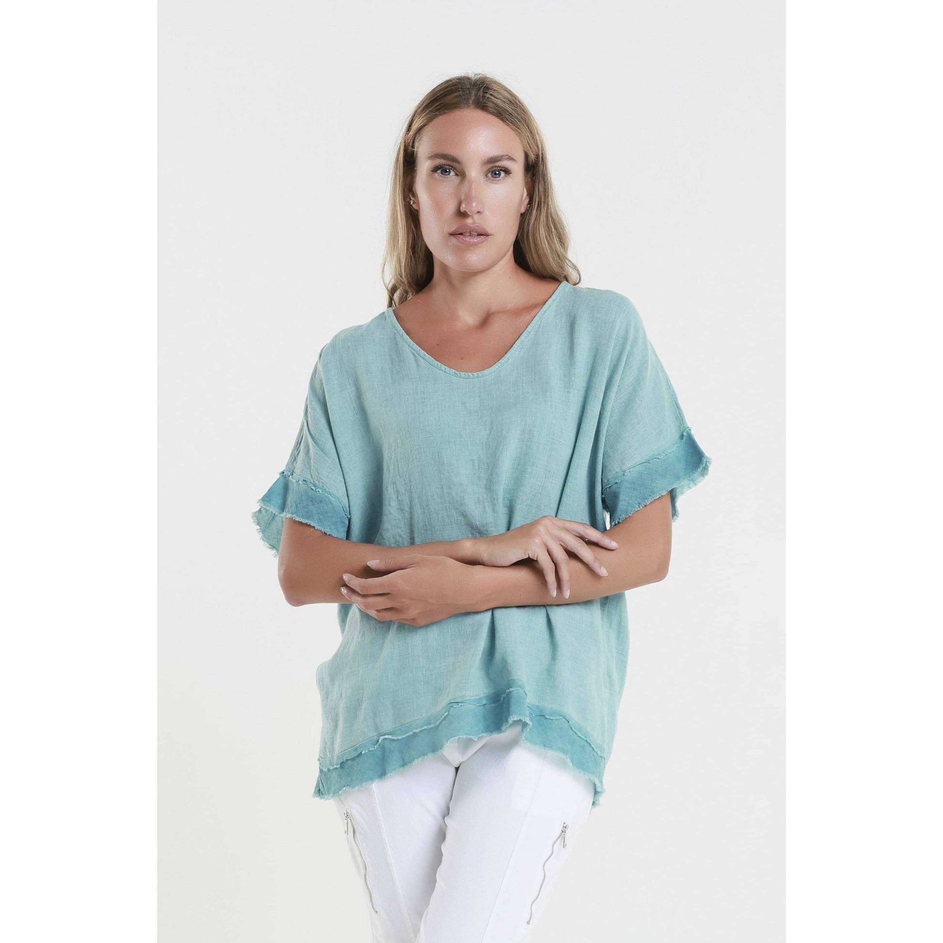 TINA Stephens Italy/Tees By Tina - Lucy V-Neck Ruffle Edge Top (BSS910): 328 Teal Enzyme / One Size, CLOTHING, TINA Stephens Italy/Tees By Tina, Plum Bottom