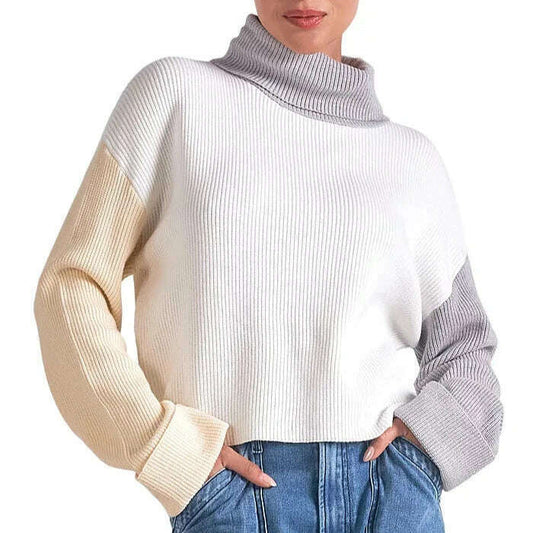 ELAN - Colorblock Crop Sweater - White/Grey/Beige, Sweaters, ELAN, Plum Bottom