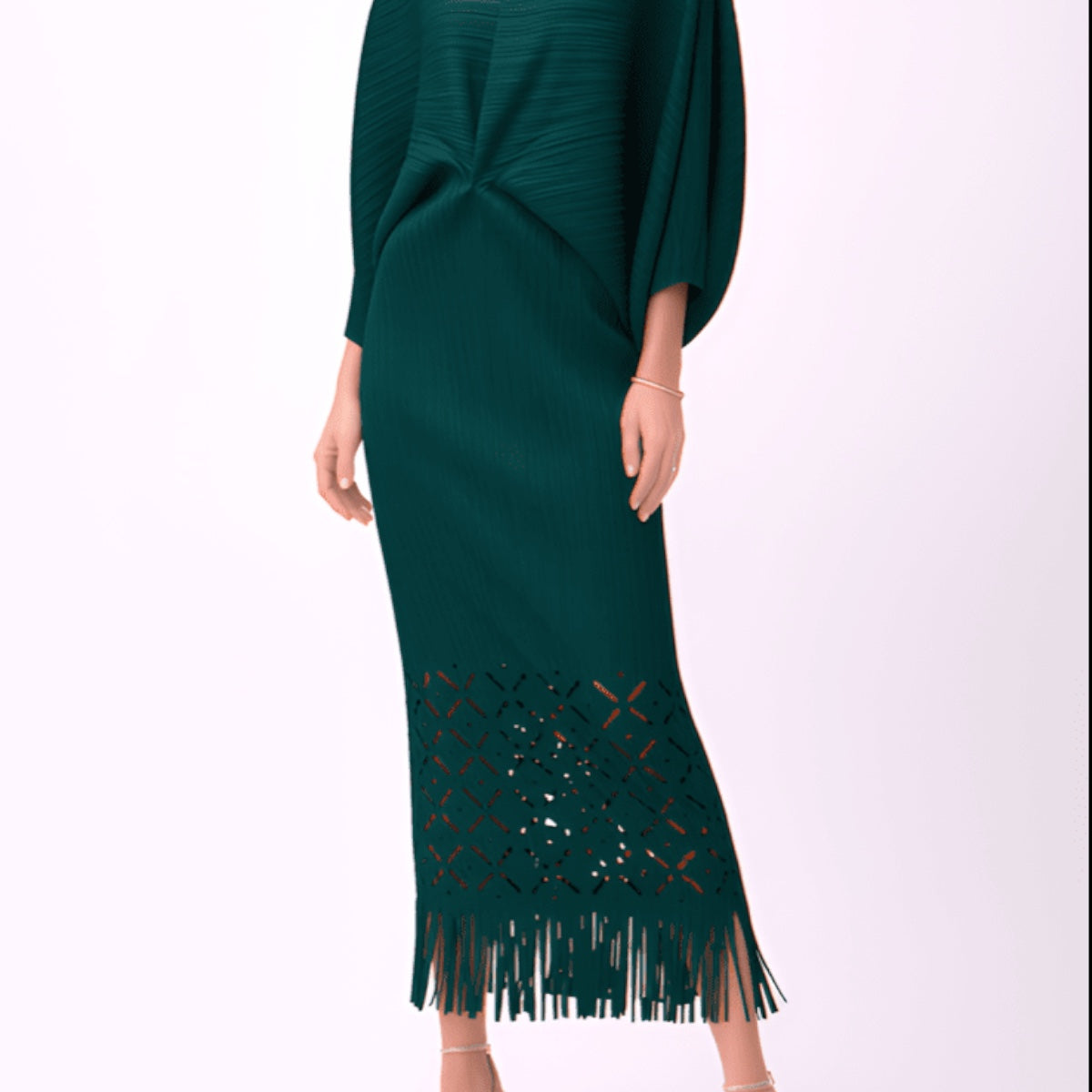 [Ellyndale - Ellyndale Pleated Cutout Dress with Fringe - Dark Green: Dark Green / O/S], [Dresses], [Ellyndale], [Plum Bottom].