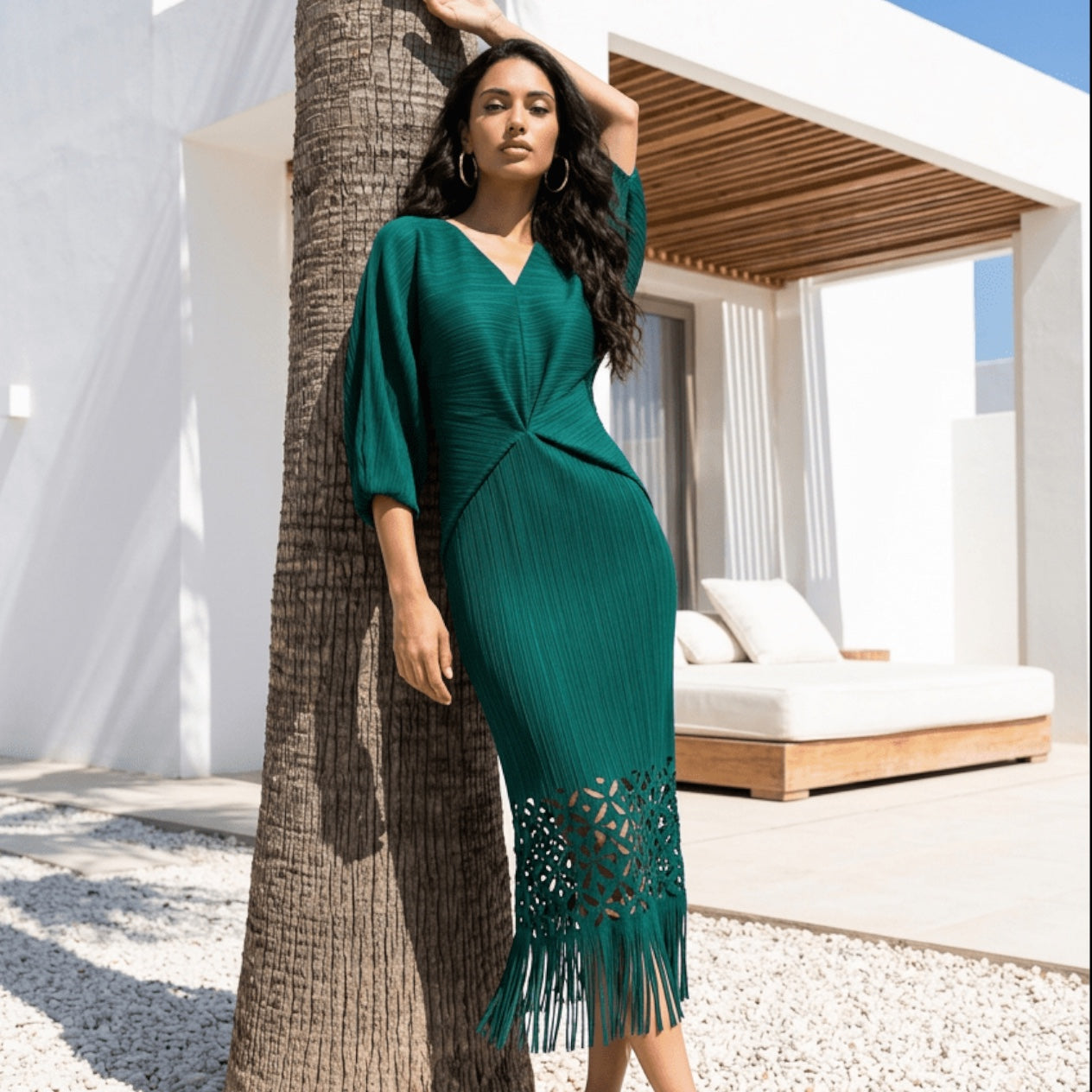 [Ellyndale - Ellyndale Pleated Cutout Dress with Fringe - Dark Green: Dark Green / O/S], [Dresses], [Ellyndale], [Plum Bottom].