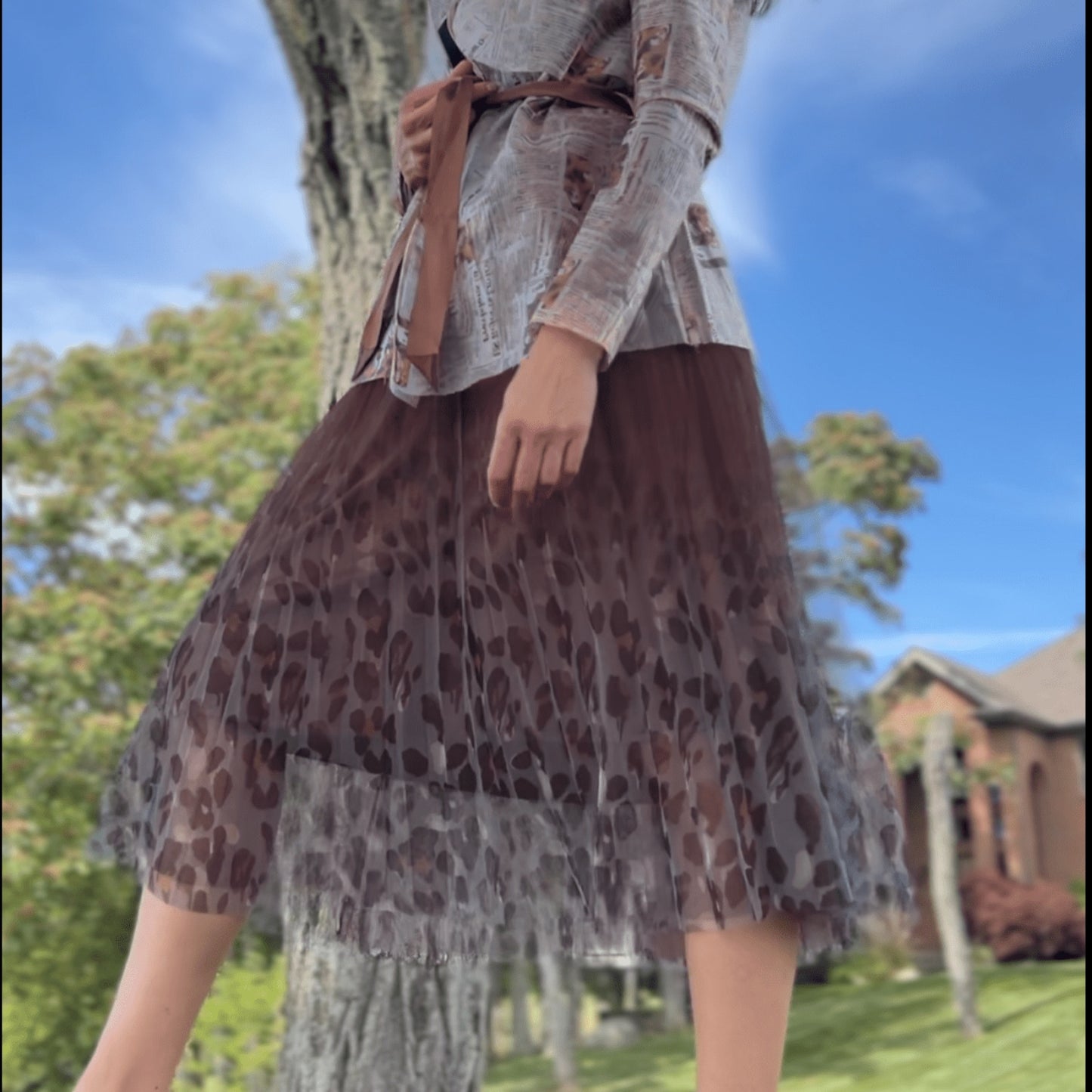 [Ellyndale - Fairy pleating mesh Skirt with Leopard print hem (Brown): Brown / O/S], [Skirts], [Ellyndale], [Plum Bottom].