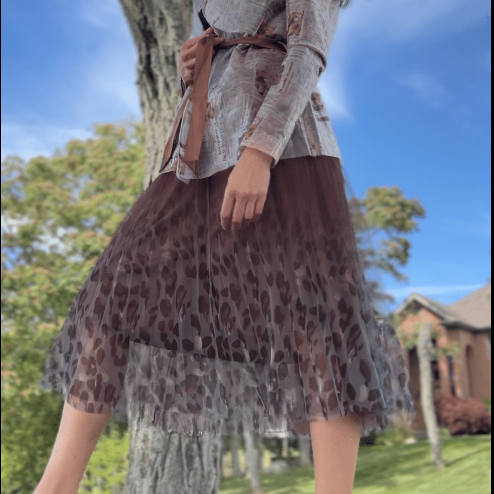 [Ellyndale - Fairy pleating mesh Skirt with Leopard print hem (Brown): Brown / O/S], [Skirts], [Ellyndale], [Plum Bottom].