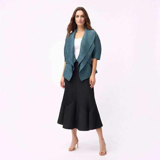 Plum Bottom Ellyndale teal blue pleated kimono jacket with open-front design