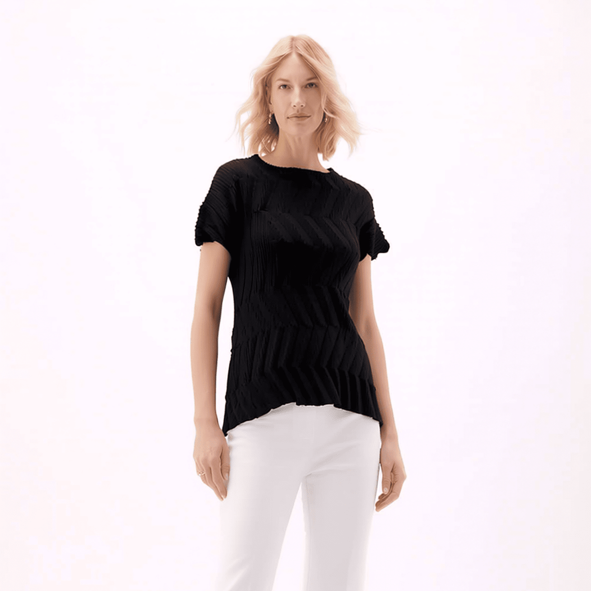 [Ellyndale - Pleating Short Sleeves Top- Chevron Ripple (Black): Black / O/S], [Tops], [Ellyndale], [Plum Bottom].