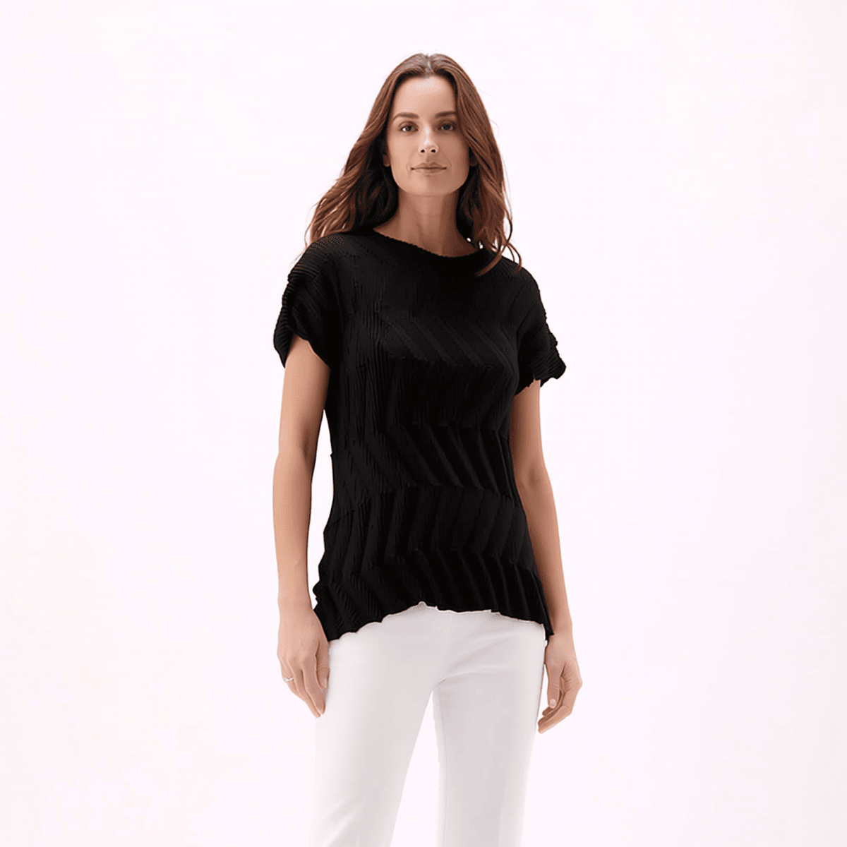 [Ellyndale - Pleating Short Sleeves Top- Chevron Ripple (Black): Black / O/S], [Tops], [Ellyndale], [Plum Bottom].