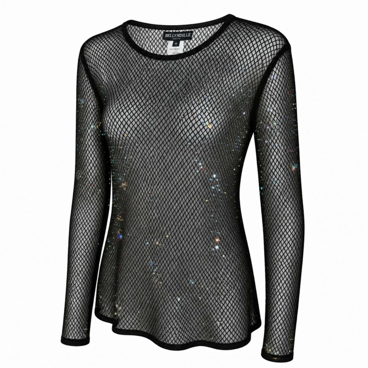 Plum Bottom Ellyndale black diamond mesh long sleeve top with subtle iridescent rhinestone embellishments