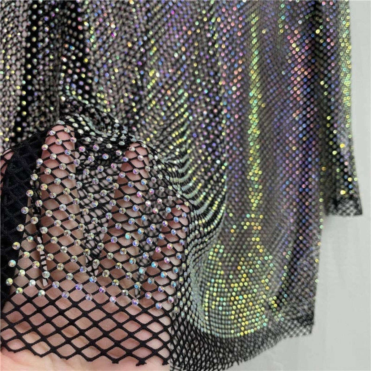 Plum Bottom Ellyndale black diamond mesh long sleeve top with iridescent rhinestone embellishments