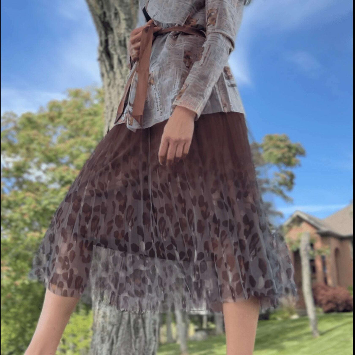 [Ellyndale - Fairy pleating mesh Skirt with Leopard print hem (Brown): Brown / O/S], [Skirts], [Ellyndale], [Plum Bottom].