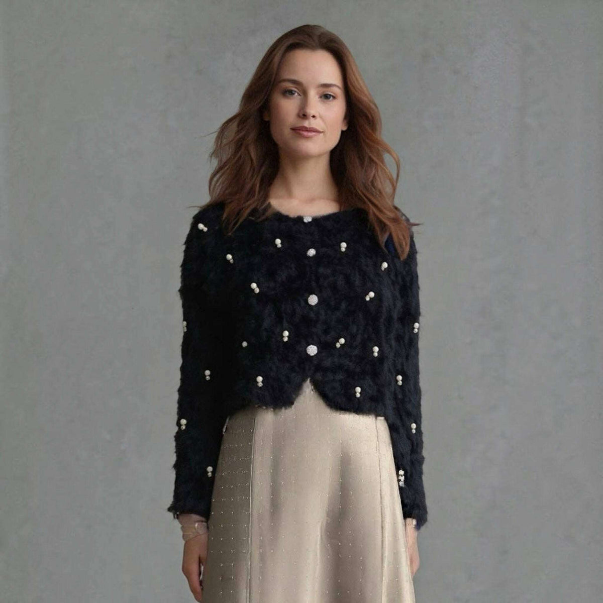 Plum Bottom ELLYNDALE black fluffy bolero featuring scattered diamond and pearl embellishments on a cropped silhouette