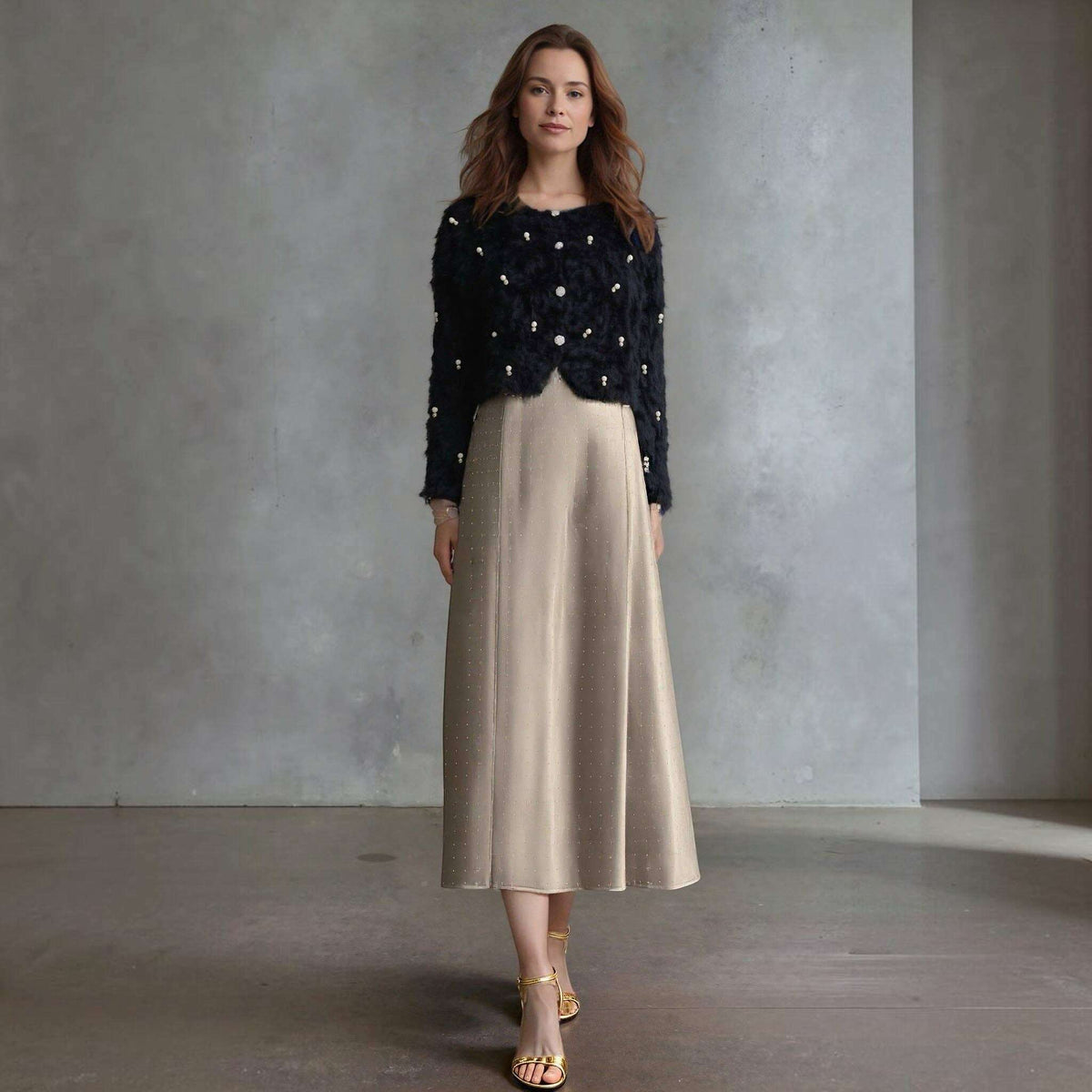 Plum Bottom ELLYNDALE black fluffy bolero with diamond and pearl embellishments worn over a champagne midi skirt.