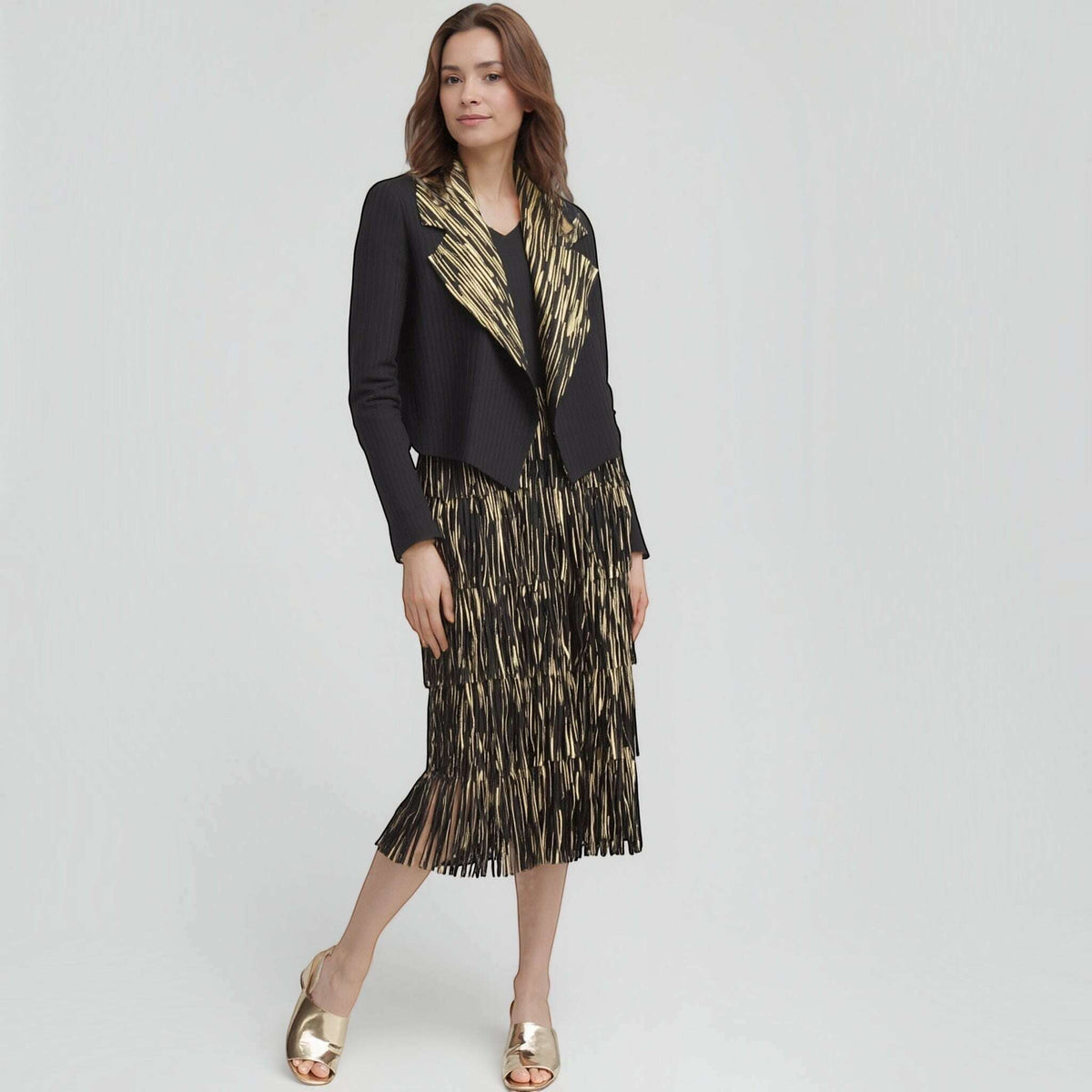 Plum Bottom Ellyndale black and gold pleated sleeveless dress and jacket set with fringe trim and foil print detail